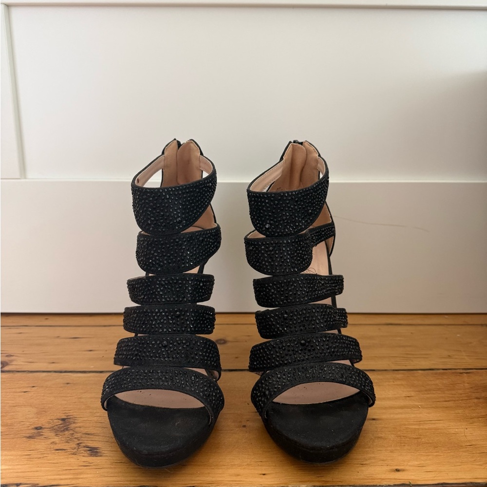 Black Strappy Gem-Embellished Heels
